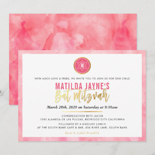 Invitación ESTILO MONOGRAM BAT MITZVAH coral oro rosa