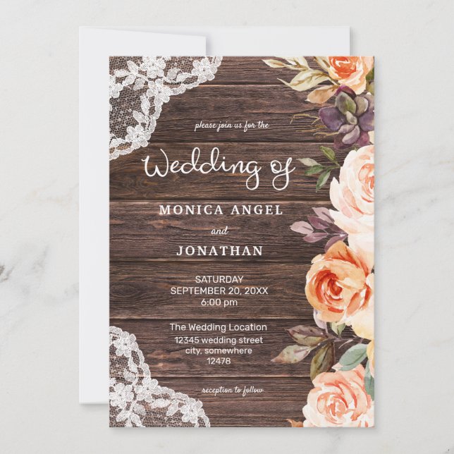 Invitación Estilo original: Wood Lace Rubor & Peach Floral (Anverso)