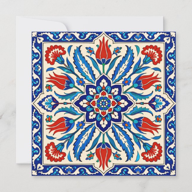 Invitación Estilo Otomano Patrón Tulipán Azul Rojo (Anverso)