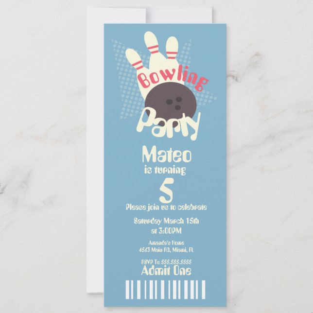Invitación Estilo retro Bowling Blue Birday Ticket (Anverso)