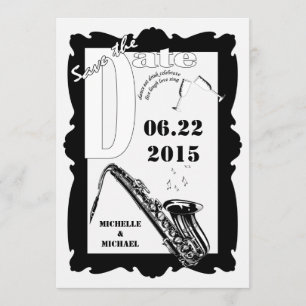 Invitación Estilo retro Jazz Salvar la fecha blanco negro