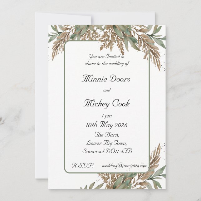 Invitación Estilo rústico natural - follaje verde y marrón (Anverso)