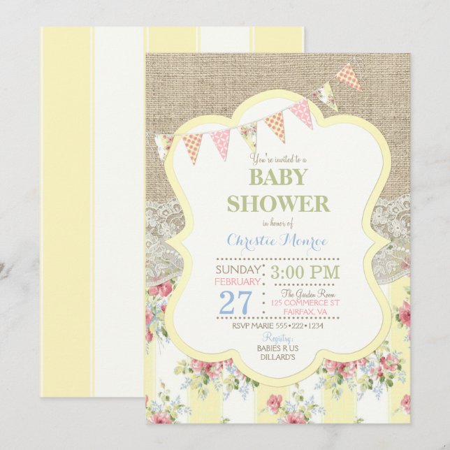 Invitación Estilo rústico shabby chic floral encaje arpillera (Anverso / Reverso)