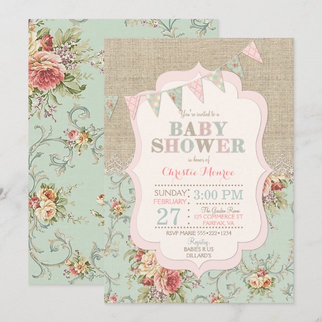 Invitación Estilo rústico shabby chic floral encaje arpillera (Anverso / Reverso)