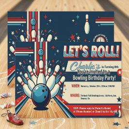 Invitación Estilo Vintage Let's Roll Bowling 8º Cumpleaños 