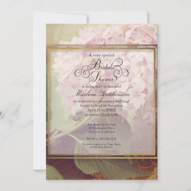 Invitación Estilo vintage Rubor Pink Hydrangea Bridal Shower (Anverso)