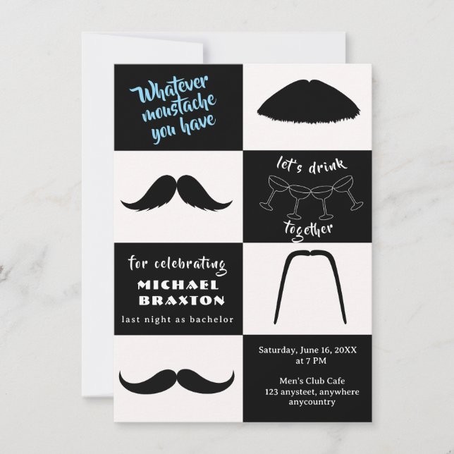 Invitación Estilos de bigote en blanco y negro Despedida de s (Anverso)