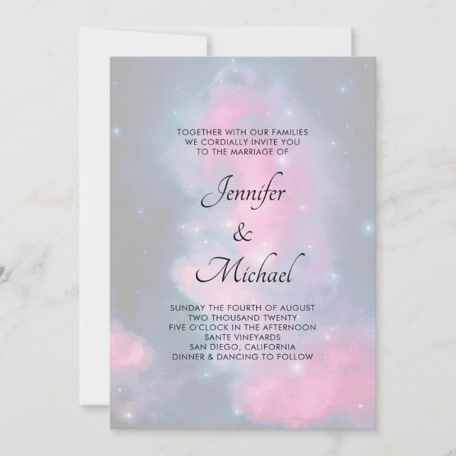 Invitación Estilosas estrellas de galaxia rosa y azul Boda ab (Anverso)