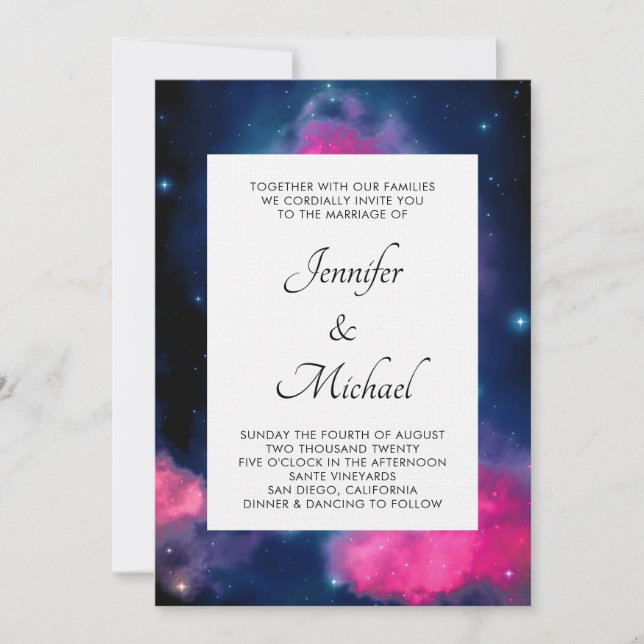 Invitación Estilosas estrellas de galaxia rosa y azul Boda ab (Anverso)