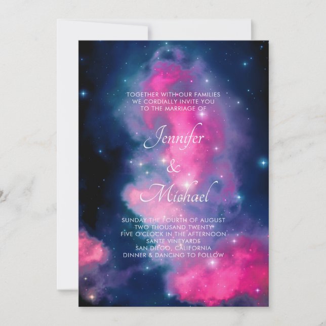 Invitación Estilosas estrellas de galaxia rosa y azul Boda ab (Anverso)