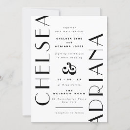 Invitación Estiloso Art Deco Tipografía Boda blanco negro