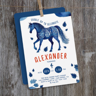 Invitación Estiloso Caballo Azul Derby Poni Vaquero Acuarela