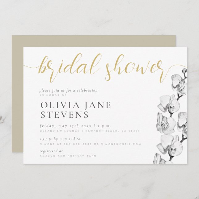 Invitación Estiloso caligrafía de orquídeas blancas con ducha (Anverso / Reverso)