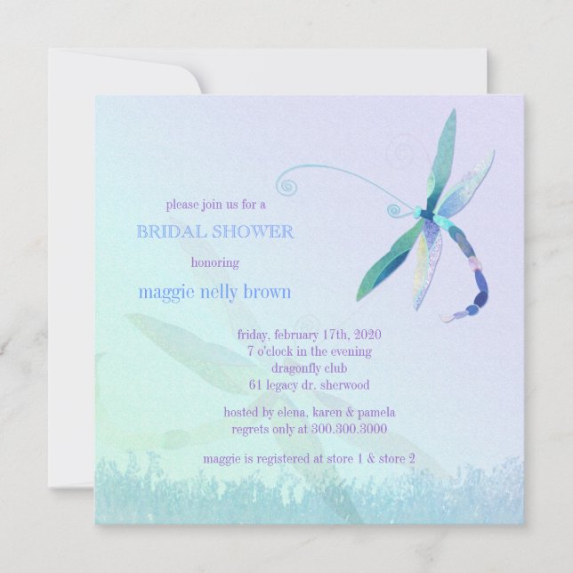 Invitación Estiloso Dragonfly Blue Purple Bridal Shower (Anverso)