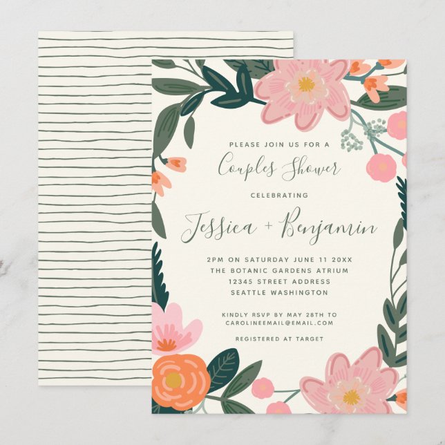 Invitación Estiloso Jardín Rosa Floral Parejas Ducha (Anverso / Reverso)