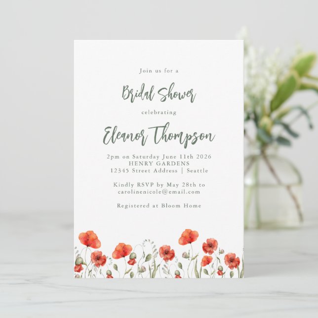 Invitación Estiloso Red Poppy Garden Floral Bridal Shower (Anverso de pie)