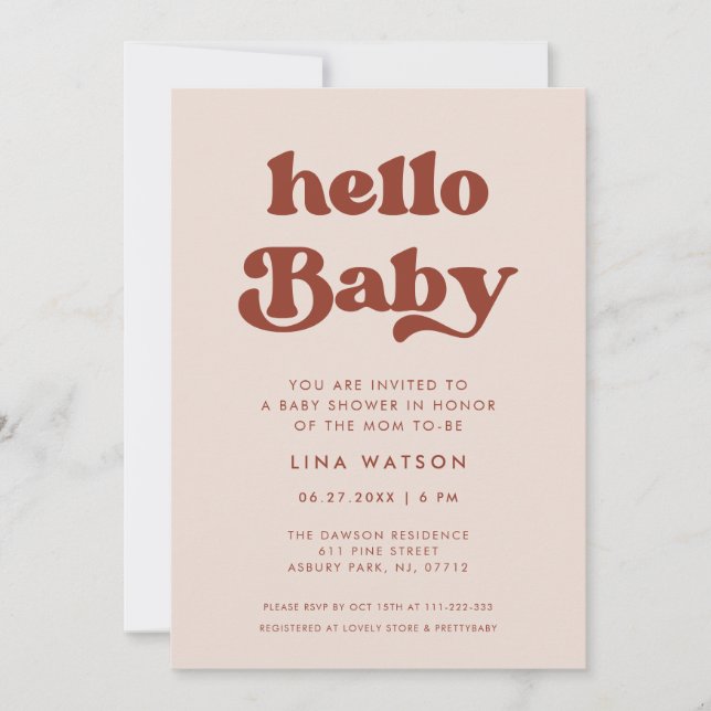 Invitación Estiloso retro Peach Pink Hello Baby (Anverso)