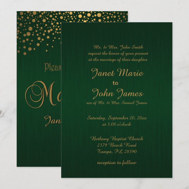 Invitación Estilosos puntos de confetti dorado| Verde oscuro (Anverso / Reverso)
