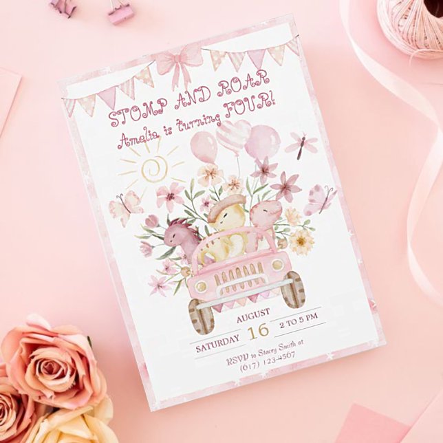 Invitación Estómago rosa y cuarto cumpleaños de los dinosauri (Subido por el creador)