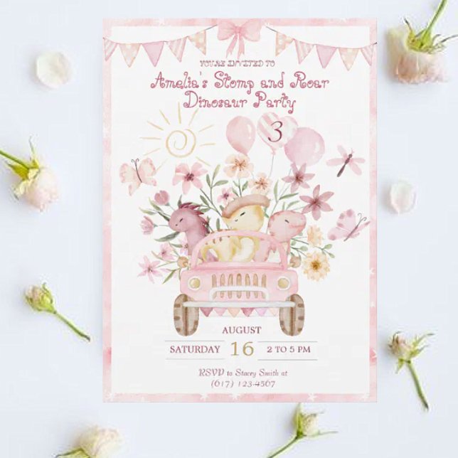 Invitación Estómago rosa y cumpleaños de los dinosaurios roar (Subido por el creador)