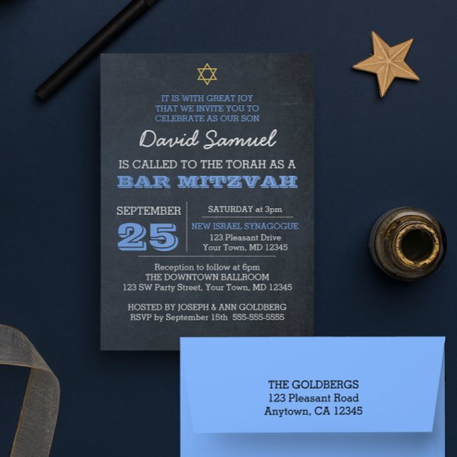 Invitación Estrella azul Chalkboard de David Bar Mitzvah (Subido por el creador)