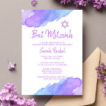 Invitación Estrella azul de color de agua moderna David Bat M<br><div class="desc">— Colección #LC — Invitaciones a Bat Mitzvah judías,  de 12 años,  únicas y modernas acuarelas. Bonito diseño con colores violeta,  violeta y azul claro con la estrella de David. Tarjetas de plantilla - fácil de agregar el texto. La parte posterior de la tarjeta tiene el nombre completo chica/hija.</div>