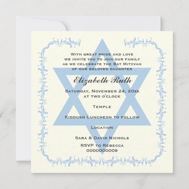 Invitación Estrella azul de David damask Bat Mitzvah invitaci (Anverso)
