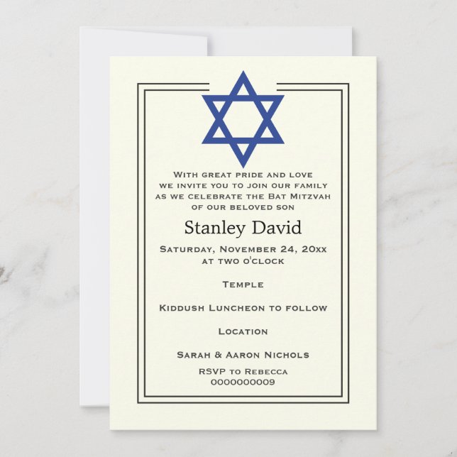 Invitación Estrella azul de David doble borde Bar Mitzvah (Anverso)