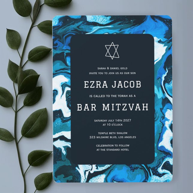 Invitación Estrella azul de mármol de David Personalizado Bar (Blue Marble Star of David Custom Bar Bat Mitzvah Invitation
)