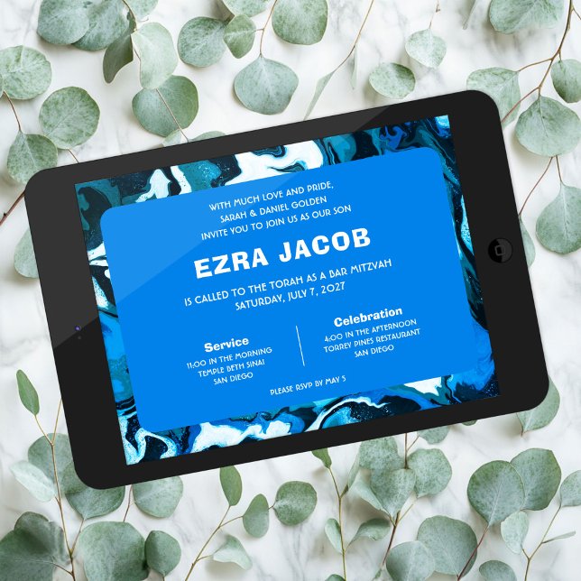 Invitación Estrella azul de mármol de David Personalizado Bar (Blue Marble Star of David Custom Bar Bat Mitzvah Digital Download evite Invitation
)