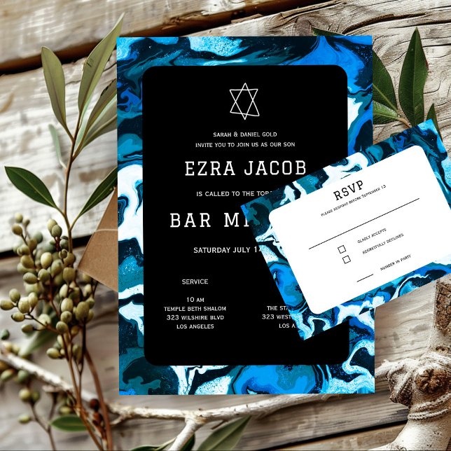 Invitación Estrella azul de mármol de David Personalizado Bar (Blue Marble Star of David Custom Bar Bat Mitzvah Invitation
)