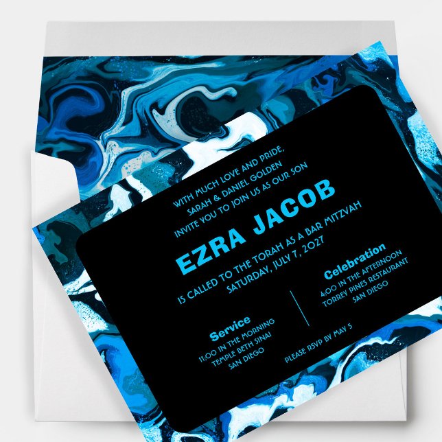 Invitación Estrella azul de mármol de David Personalizado Bar (Blue Marble Star of David Custom Bar Bat Mitzvah Invitation
)