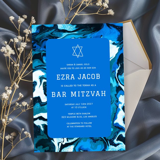 Invitación Estrella azul de mármol de David Personalizado Bar (Blue Marble Swirls Star of David Custom Bar Bat Mitzvah Invitation
)