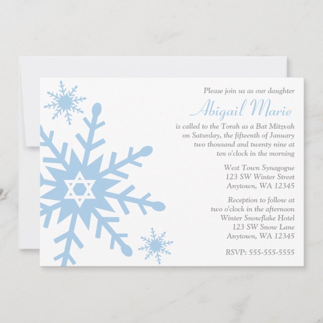 Invitación Estrella azul de nieve de David Bat Mitzvah (Anverso)