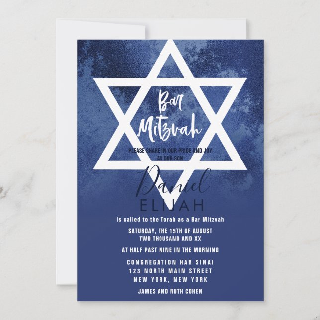 Invitación Estrella azul grunge de David Bar Mitzvah (Anverso)