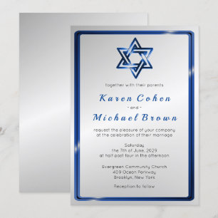 Invitación Estrella azul metálica de la boda judía de David