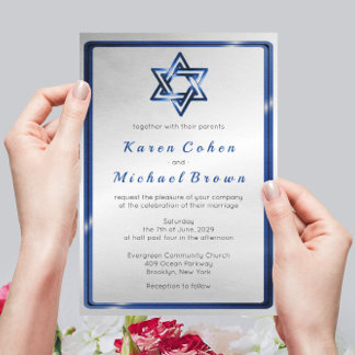 Invitación Estrella azul metálica de la boda judía de David
