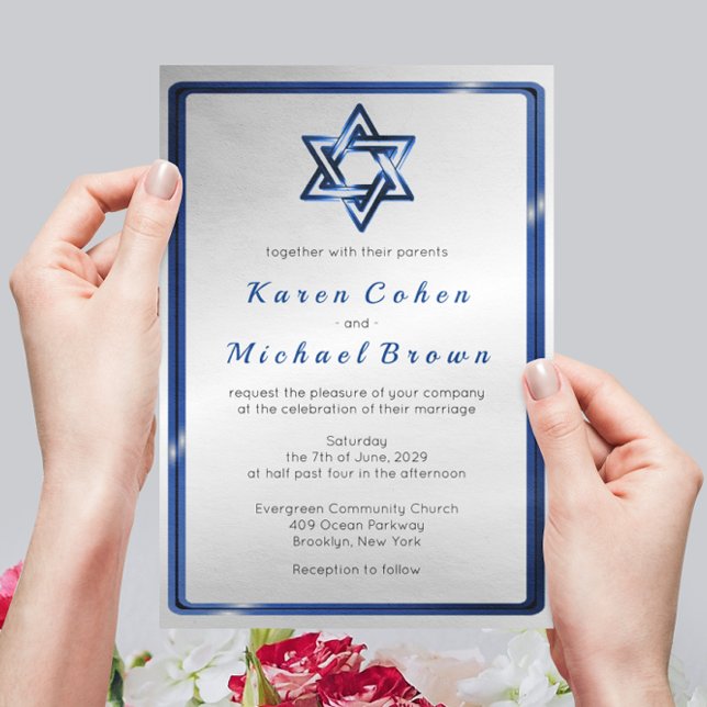 Invitación Estrella azul metálica de la boda judía de David (Subido por el creador)