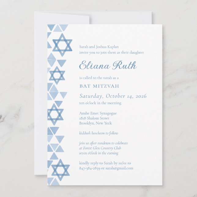Invitación Estrella azul moderna de David Bat Mitzvah (Anverso)