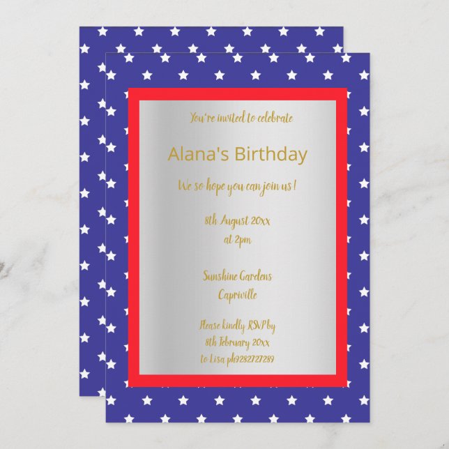 INVITACIÓN ESTRELLA AZUL MODERNA TODAS LAS OCASIONES FIESTA O (Anverso / Reverso)