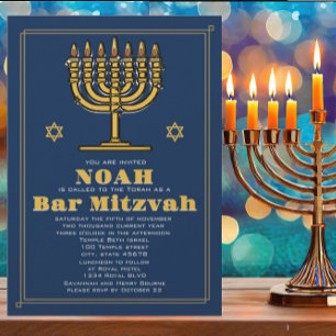 Invitación Estrella azul y dorada de David Bar Mitzvah