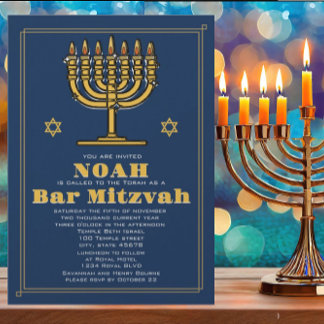 Invitación Estrella azul y dorada de David Bar Mitzvah