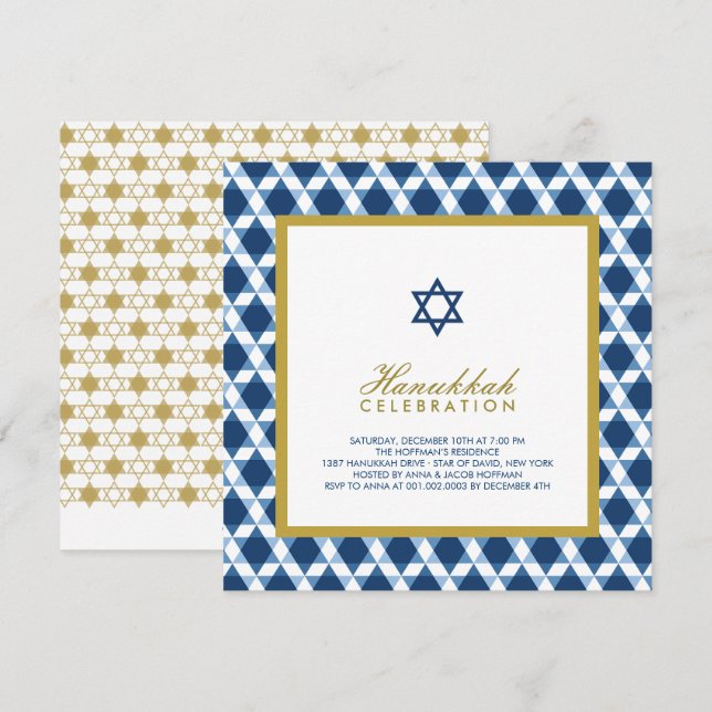 Invitación Estrella Azul Y Oro De La Fiesta De David Hanukkah (Anverso / Reverso)