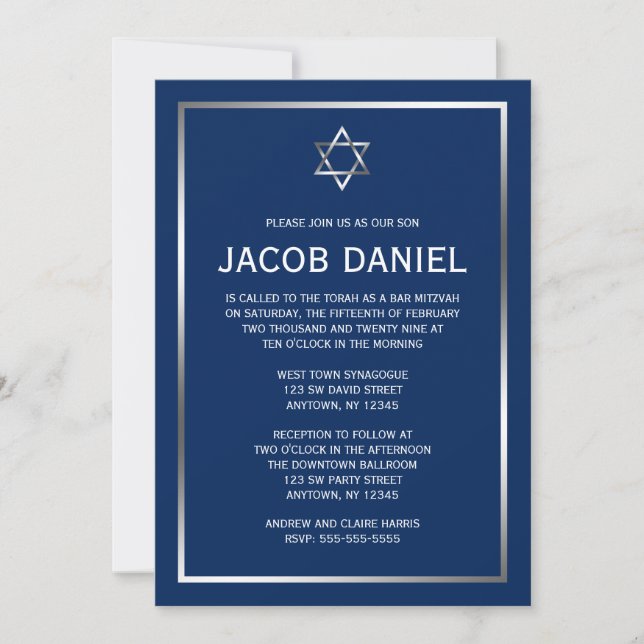 Invitación Estrella azul y plateada de David Bar Mitzvah (Anverso)