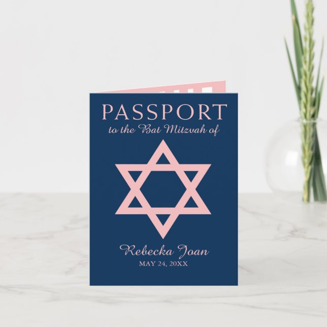Invitación Estrella azul y rosada del pasaporte de Mitzvah (Anverso)