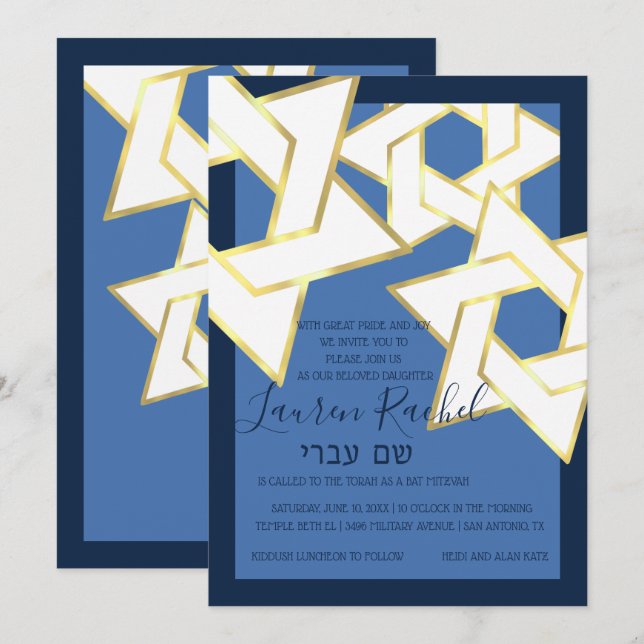 Invitación Estrella blanca de David en Bat Mitzvah (Anverso / Reverso)