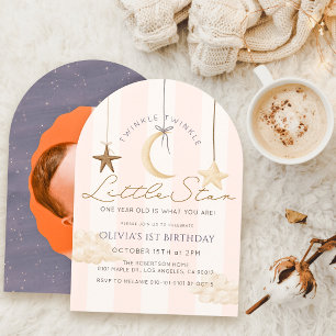 Invitación Estrella Brillante Raya Rosa Cumpleaños 1 Foto
