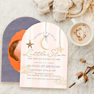 Invitación Estrella Brillante Raya Rosa Cumpleaños 1 Foto