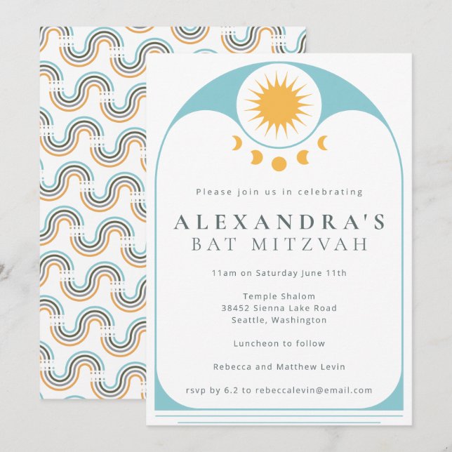 Invitación Estrella Celestial Sol Amarillo Azul Moderno Bat M (Anverso / Reverso)