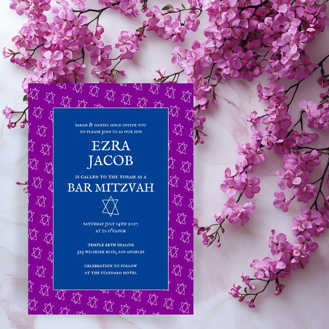 Invitación Estrella colorida de David Personalizado Bat Bar M (Colorful Star of David Custom Bat Bar Mitzvah Invitation Purple BLue
)